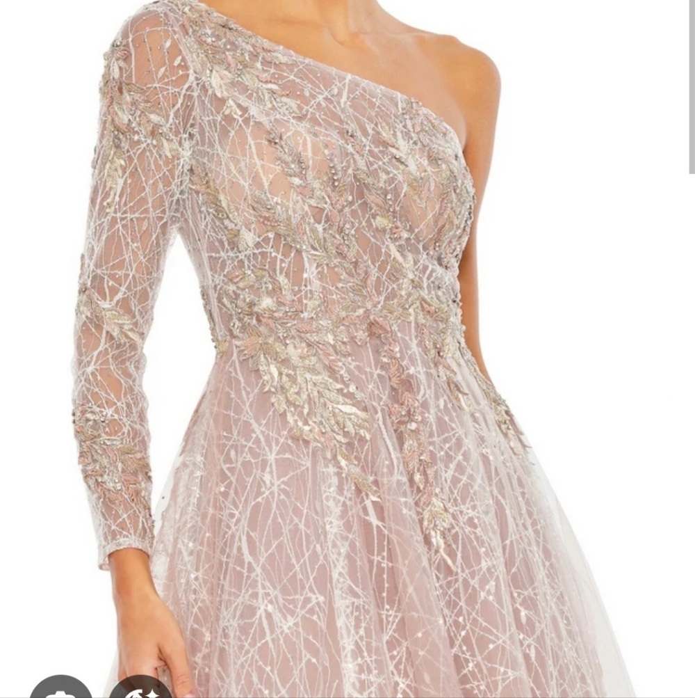 Mac Duggal One-Shoulder Long Sleeve Dress in Pink and Silver